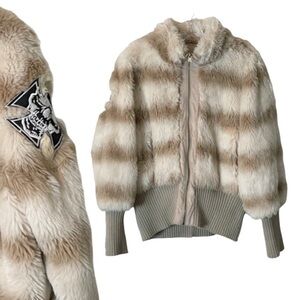 RLZ Rachel Zoe Chinchilla Skull Cross Embroidered Faux Fur Moto Jacket Size XL